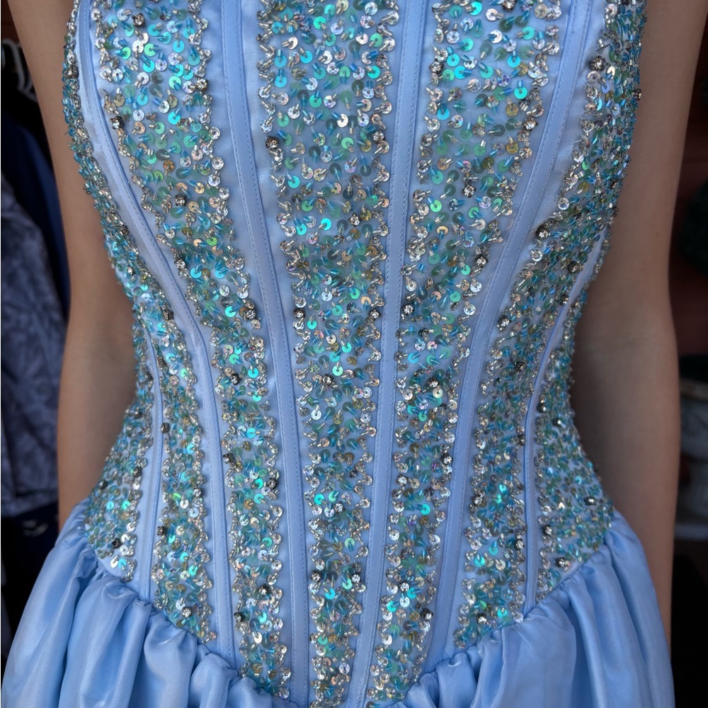 Riva Designs Blue and Green Embellished Bustier Gown